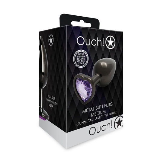 Shots Ouch! Heart Gem Butt Plug Medium Gunmetal/Amethyst - Not Very Vanilla