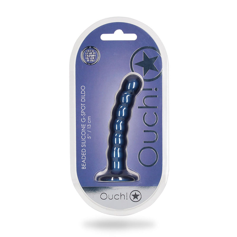 Shots Ouch! Beaded Silicone 5 in. G-Spot Dildo Metallic Blue - Not Very Vanilla