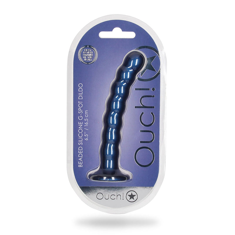 Shots Ouch! Beaded Silicone 6.5 in. G-Spot Dildo Metallic Blue - Not Very Vanilla