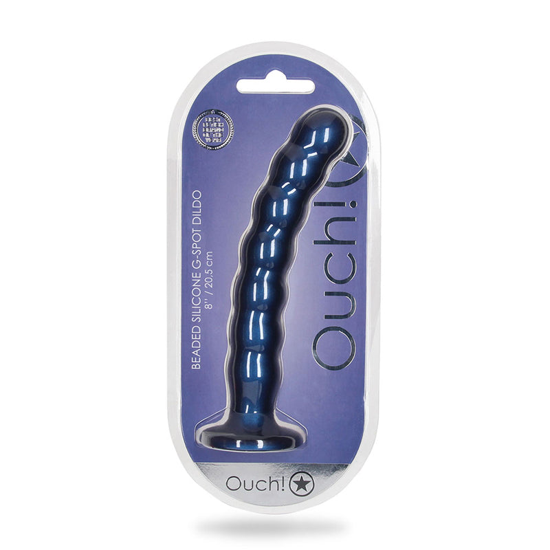 Shots Ouch! Beaded Silicone 8 in. G-Spot Dildo Metallic Blue - Not Very Vanilla