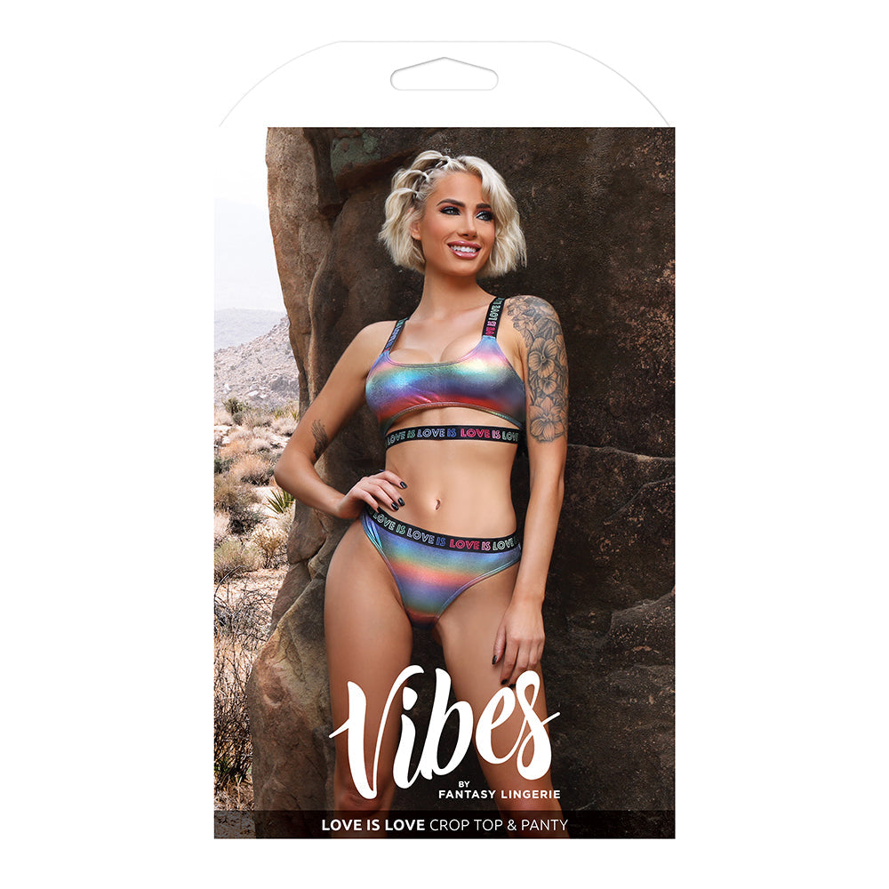 Fantasy Lingerie Vibes Love is Love Underboob Cutout Top & Cheeky Panty Rainbow Holo S/M - Not Very Vanilla