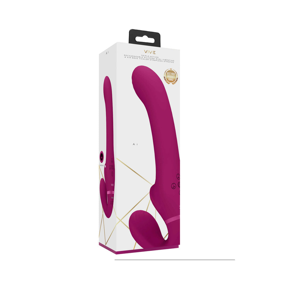 VIVE AI Rechargeable Dual Vibrating & Air Wave Tickler Silicone Strapless Strapon Pink - Not Very Vanilla