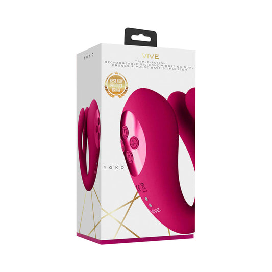 VIVE YOKO Rechargeable Triple Action Silicone Vibrator Dual Prongs with Clitoral Pulse Wave Pink - Not Very Vanilla