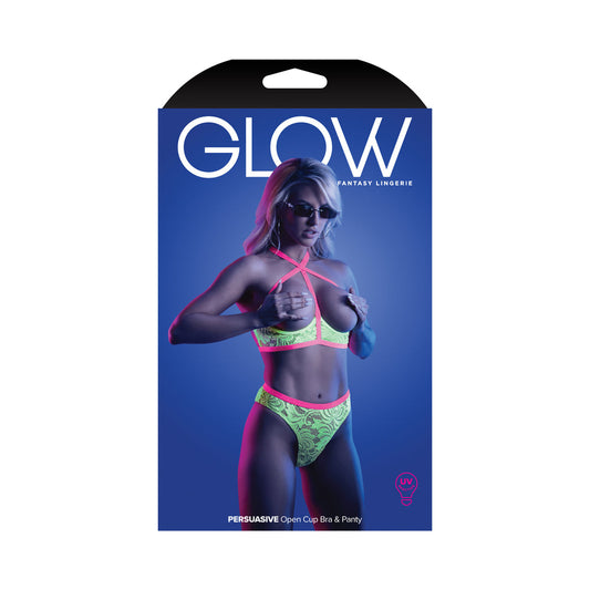 Fantasy Lingerie Glow Persuasive Open Cup Cage Bra & Panty Neon Green L/XL - Not Very Vanilla