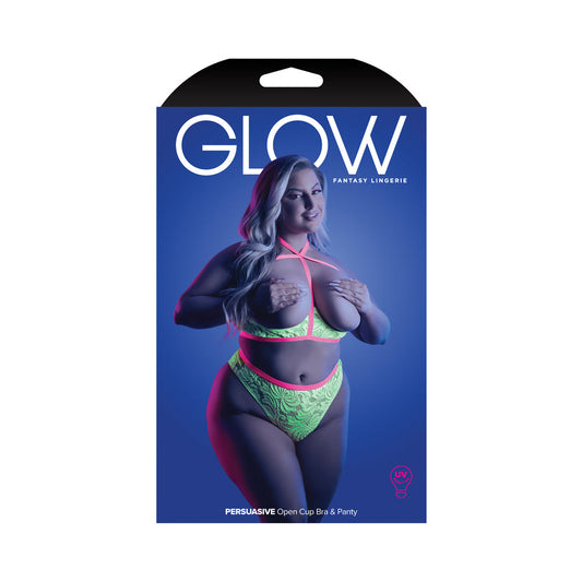 Fantasy Lingerie Glow Persuasive Open Cup Cage Bra & Panty Neon Green Queen - Not Very Vanilla