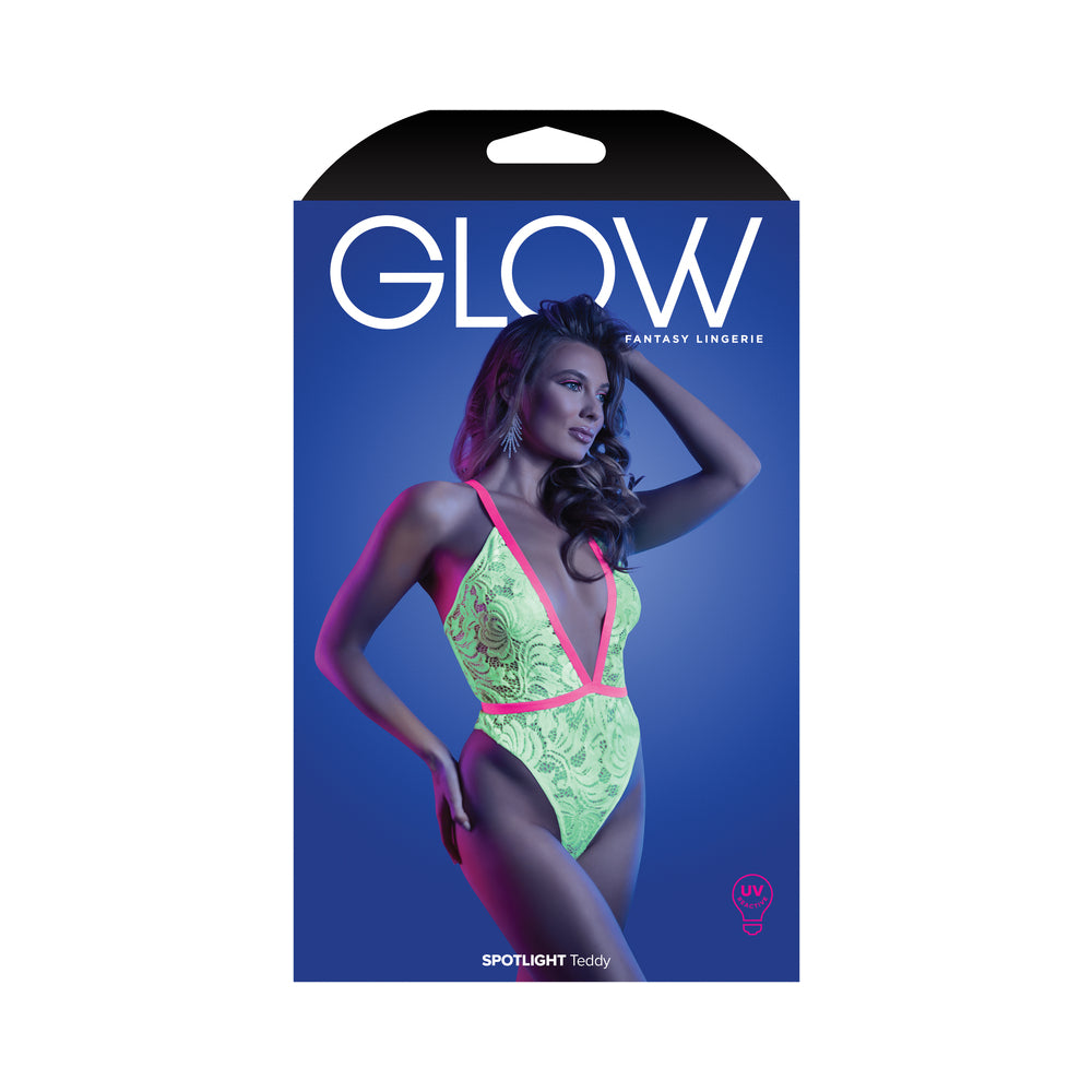 Fantasy Lingerie Glow Spotlight Contrast Elastic Lace Teddy with Snap Closure Neon Green S/M - Not Very Vanilla