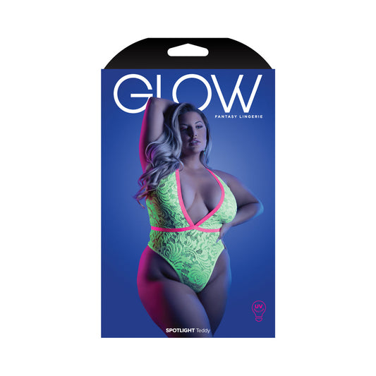 Fantasy Lingerie Glow Spotlight Contrast Elastic Lace Teddy with Snap Closure Neon Green Queen Size - Not Very Vanilla