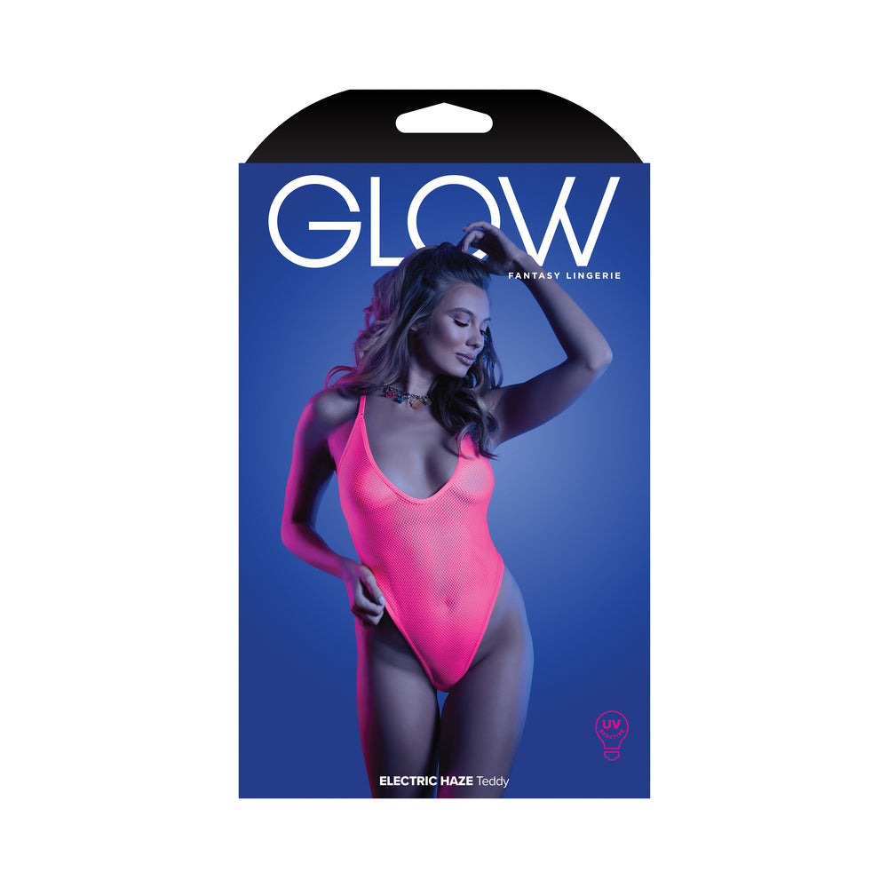 Fantasy Lingerie Glow Electric Haze Criss Cross Back Teddy with Snap Closure Neon Pink S/M - Not Very Vanilla