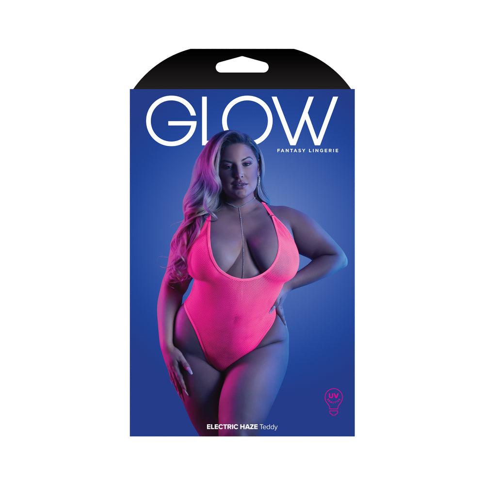 Fantasy Lingerie Glow Electric Haze Criss Cross Back Teddy with Snap Closure Neon Pink Queen Size - Not Very Vanilla