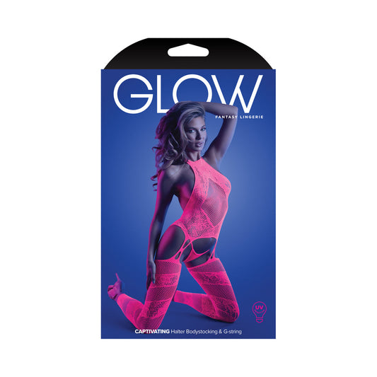 Fantasy Lingerie Glow Captivating High Neck Halter Bodystocking & G-String Set Neon Pink O/S - Not Very Vanilla