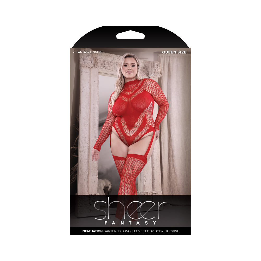 Fantasy Lingerie Sheer Infatuation Open Back Longsleeve Teddy Bodystocking Red Queen Size - Not Very Vanilla