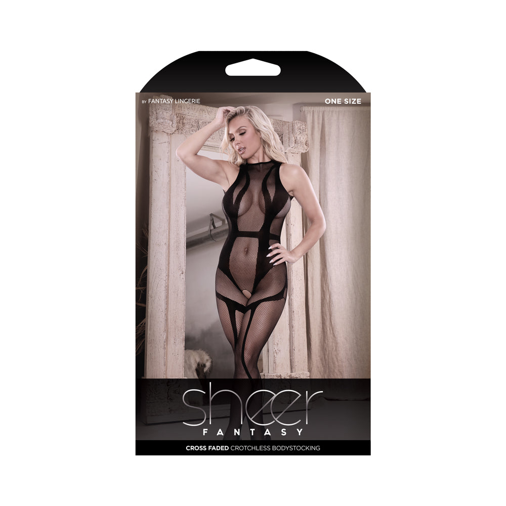 Fantasy Lingerie Sheer Cross Faded High Neck Crotchless Bodystocking Black O/S - Not Very Vanilla