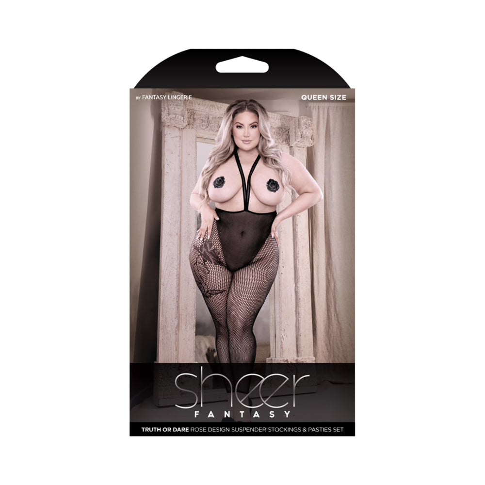 Fantasy Lingerie Sheer Truth Or Dare Suspender Stockings & Pasties Set Black Queen - Not Very Vanilla