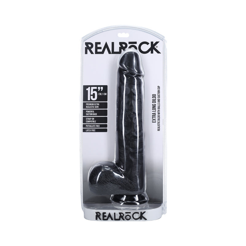 RealRock Extra Long 15 in. Dildo with Balls Black - Not Very Vanilla