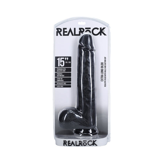 RealRock Extra Long 15 in. Dildo with Balls Black - Not Very Vanilla