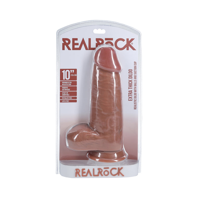 RealRock Extra Thick 10 in. Dildo with Balls Tan - Not Very Vanilla