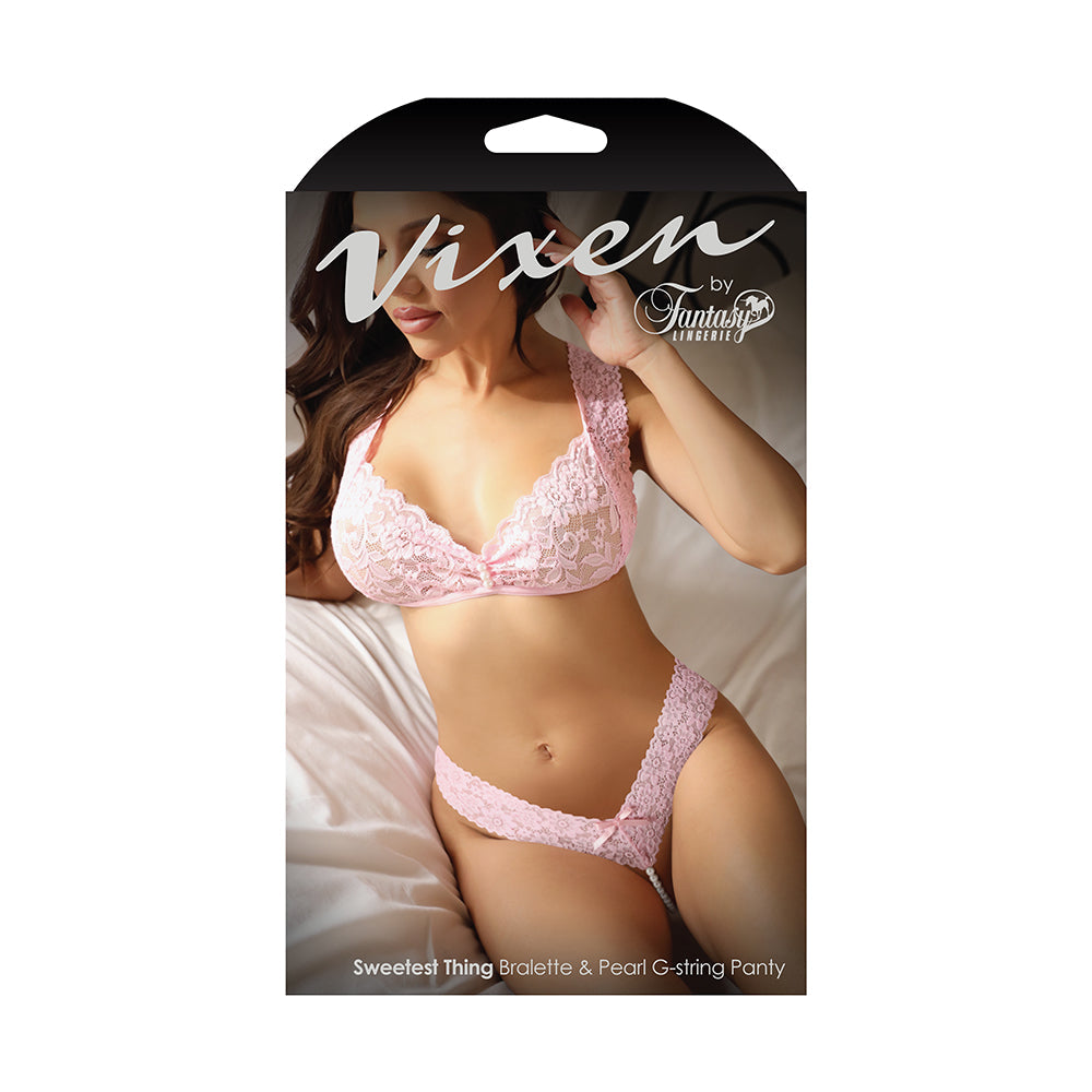 Fantasy Lingerie Vixen Sweetest Thing Lace Bralette & Pearl G-string Panty Pink O/S - Not Very Vanilla