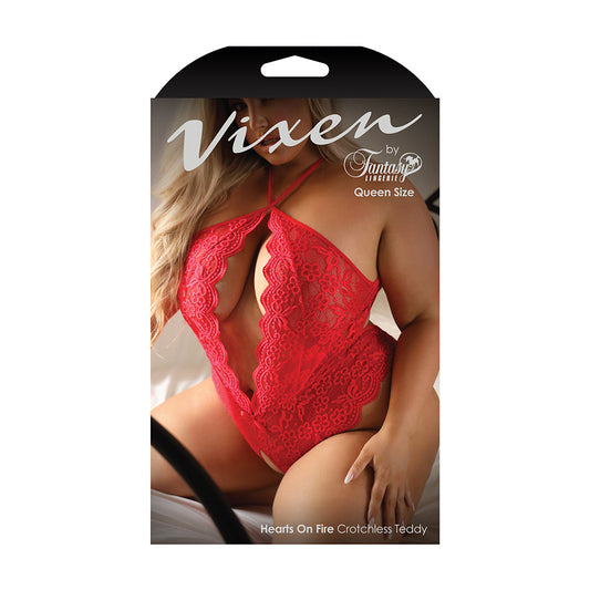 Fantasy Lingerie Vixen Hearts On Fire Crotchless Lace Teddy with Open Pearl Draped Back Red Queen Size - Not Very Vanilla