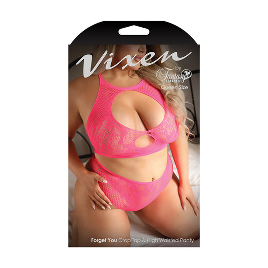 Fantasy Lingerie Vixen Forget You Seamless Lace Crop Top & High Waisted Panty Pink Queen Size - Not Very Vanilla