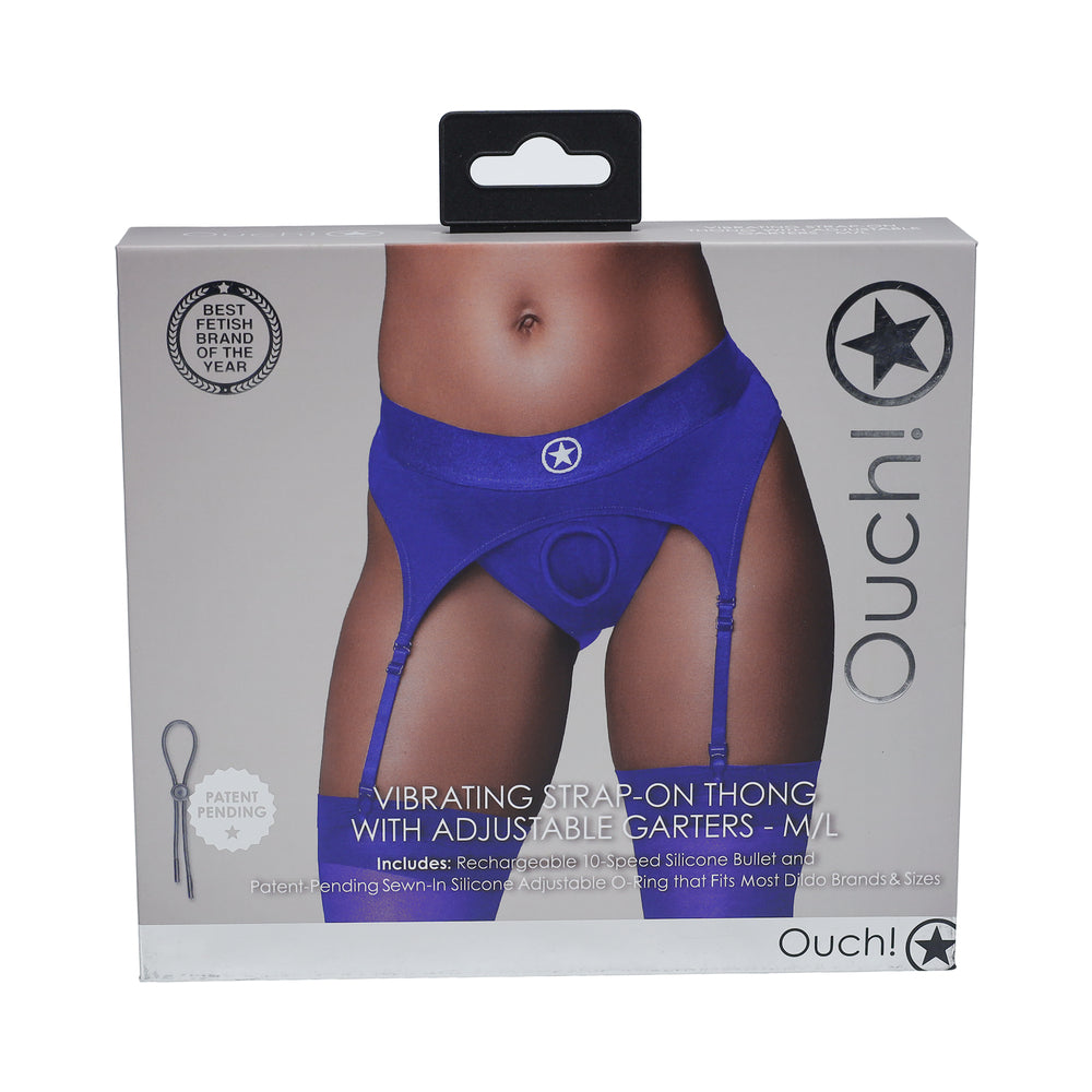 Ouch! Vibrating Strap-on Thong with Adjustable Garters Royal Blue M/L - Not Very Vanilla