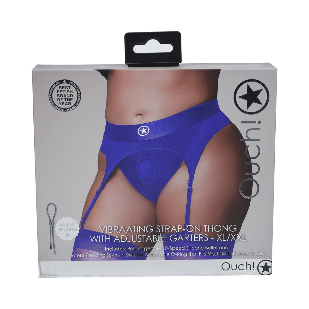 Ouch! Vibrating Strap-on Thong with Adjustable Garters Royal Blue XL/XXL - Not Very Vanilla