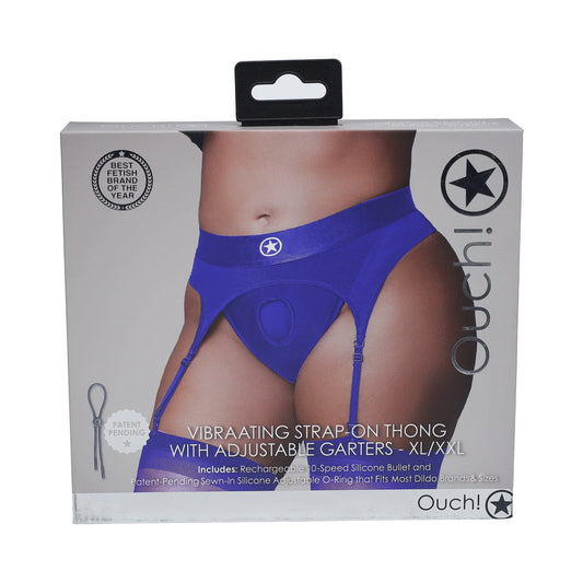 Ouch! Vibrating Strap-on Thong with Adjustable Garters Royal Blue XL/XXL - Not Very Vanilla