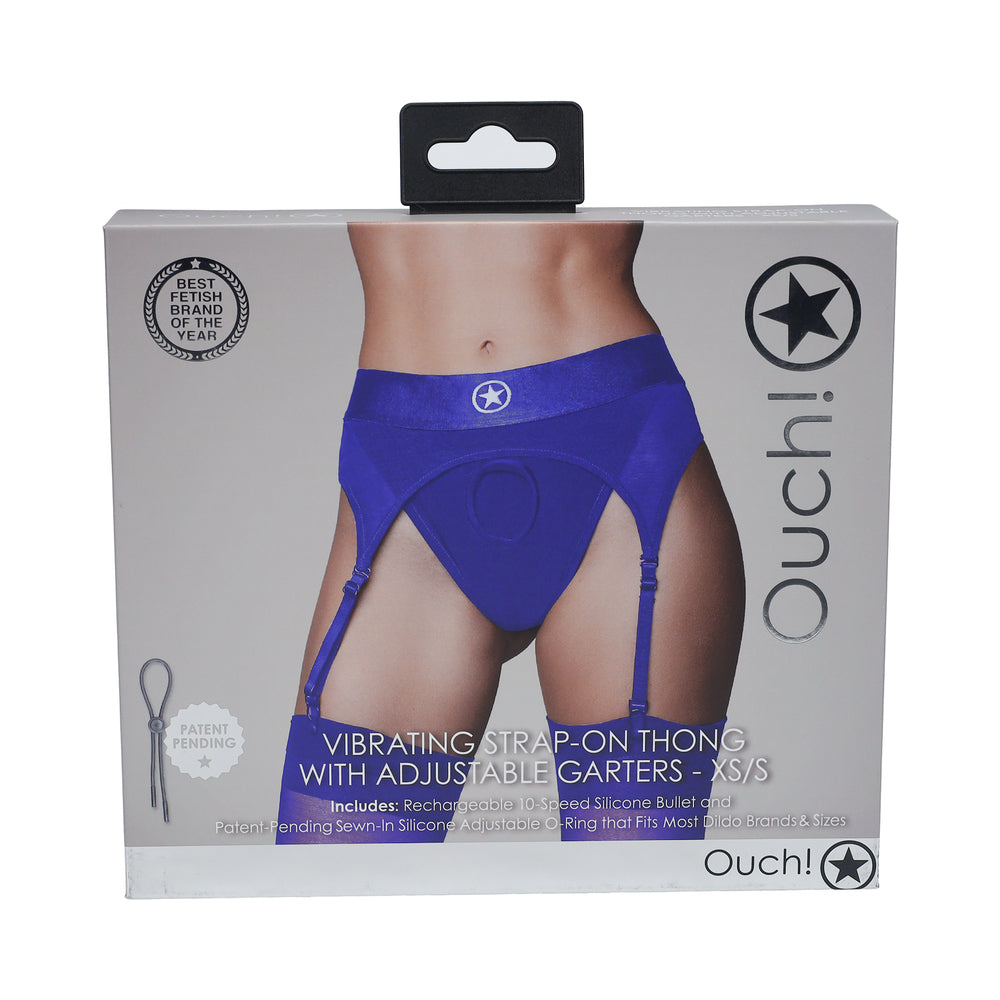 Ouch! Vibrating Strap-on Thong with Adjustable Garters Royal Blue XS/S - Not Very Vanilla