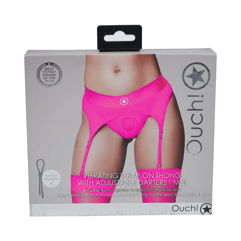 Ouch! Vibrating Strap-on Thong with Adjustable Garters Pink M/L - Not Very Vanilla