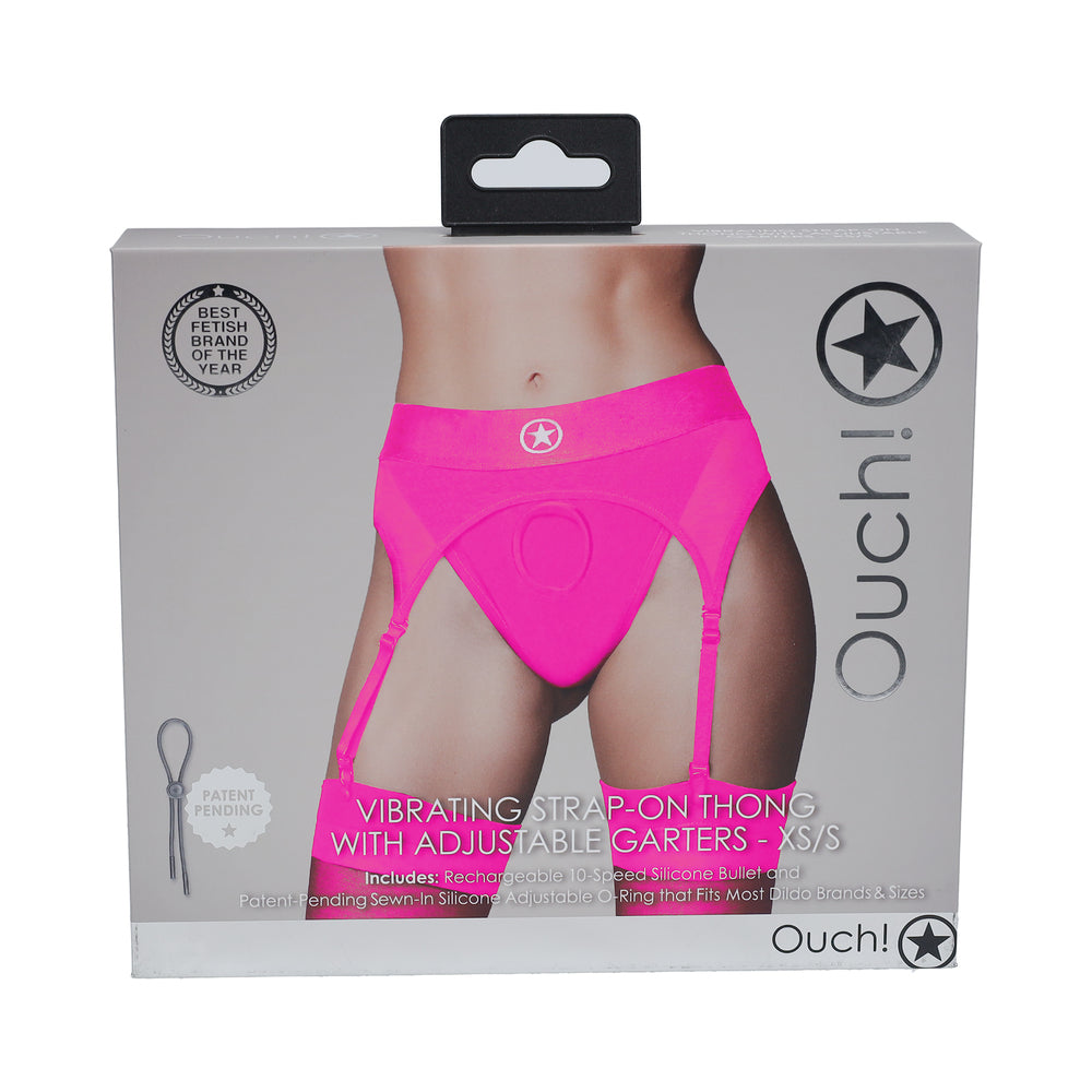 Ouch! Vibrating Strap-on Thong with Adjustable Garters Pink XS/S - Not Very Vanilla