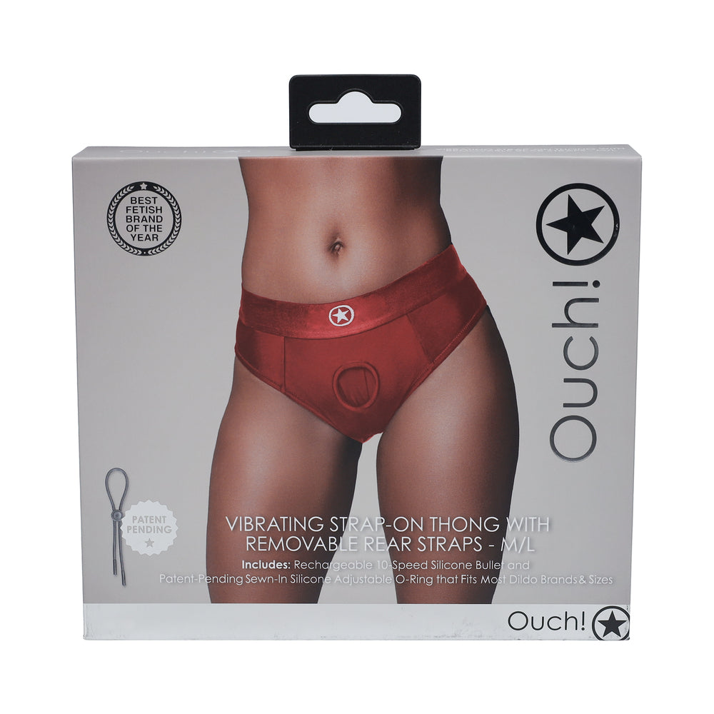 Ouch! Vibrating Strap-on Thong with Removable Butt Straps Red M/L - Not Very Vanilla