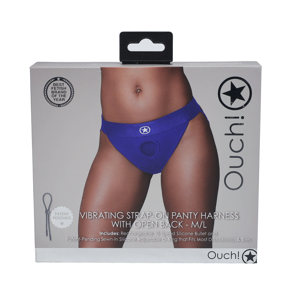 Ouch! Vibrating Strap-on Panty Harness with Open Royal Blue Black M/L - Not Very Vanilla