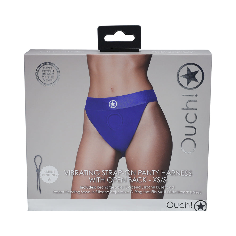 Ouch! Vibrating Strap-on Panty Harness with Open Royal Blue Black XS/S - Not Very Vanilla