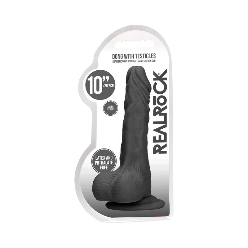 RealRock Skin 10 in. Dildo with Balls Black - Not Very Vanilla