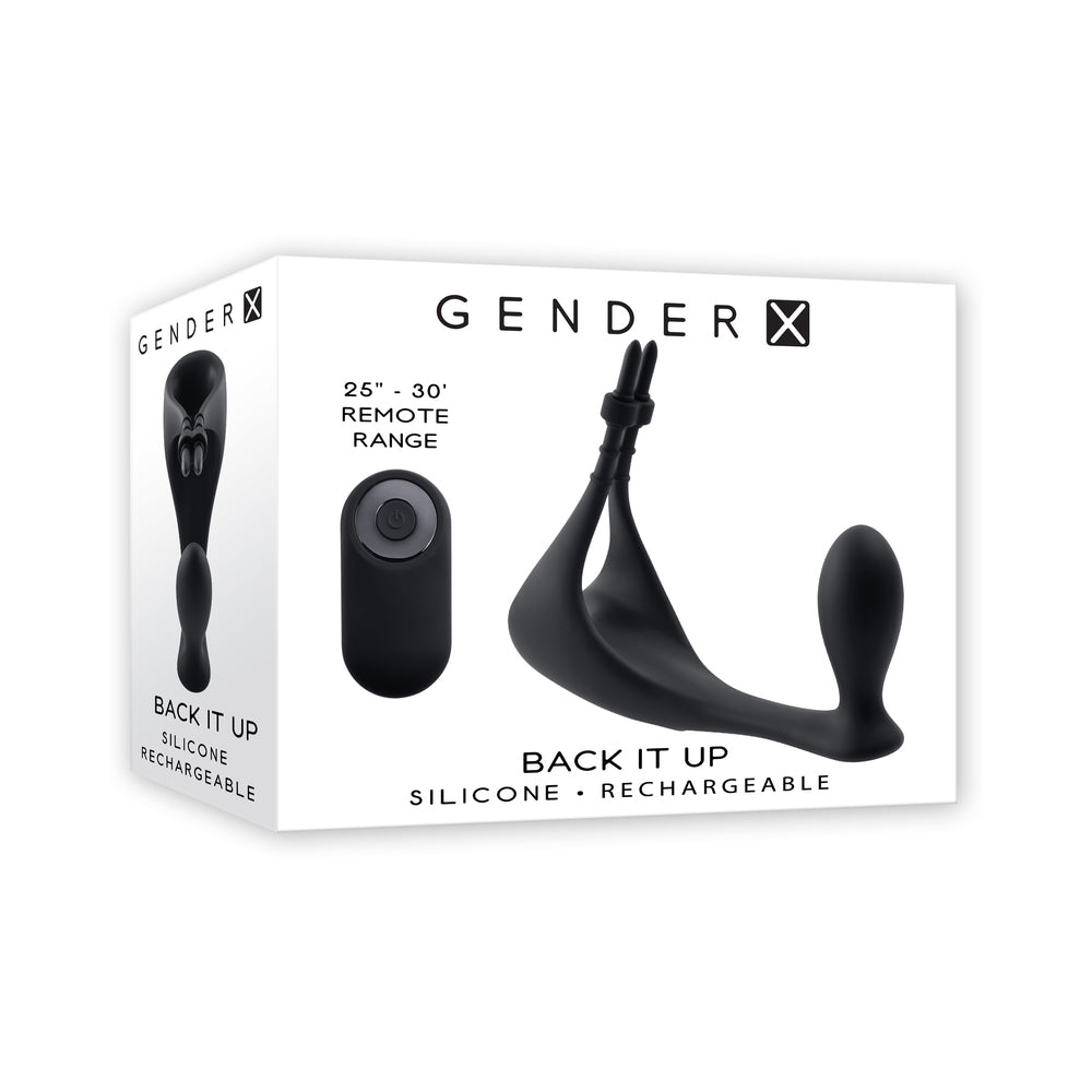 Gender X Back It Up Rechargeable Lasso C-Ring and Plug with Remote Silicone Black - Not Very Vanilla