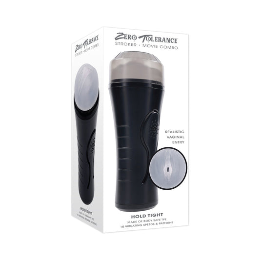 Zero Tolerance Hold Tight Rechargeable Vibrating Squeezeable Cannister Stroker TPE Black/Clear - Not Very Vanilla