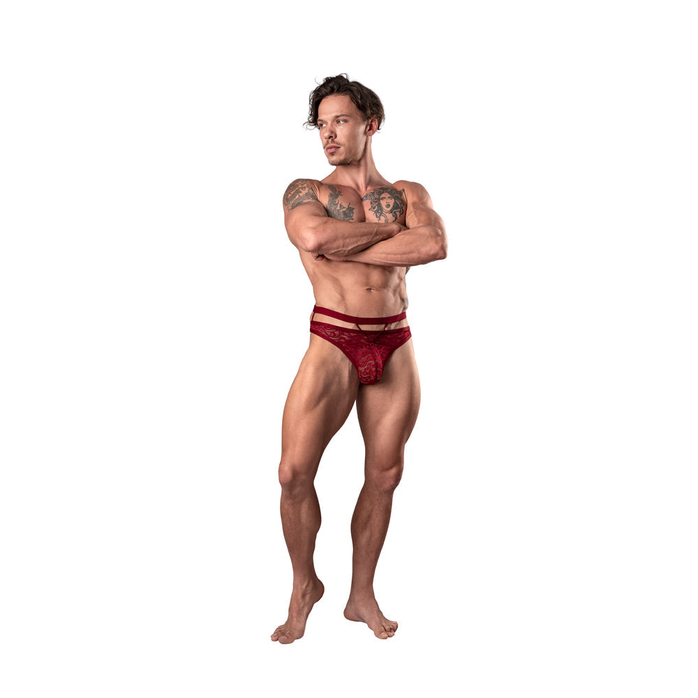 Male Power Lucifer Cut Out Strappy Thong Burgundy S/M - Not Very Vanilla