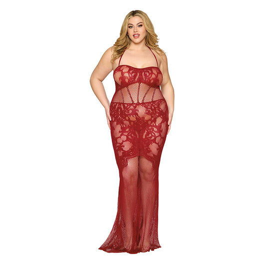 Dreamgirl Lace Bodystocking Gown with Bustier Detail Oxblood Queen Size - Not Very Vanilla