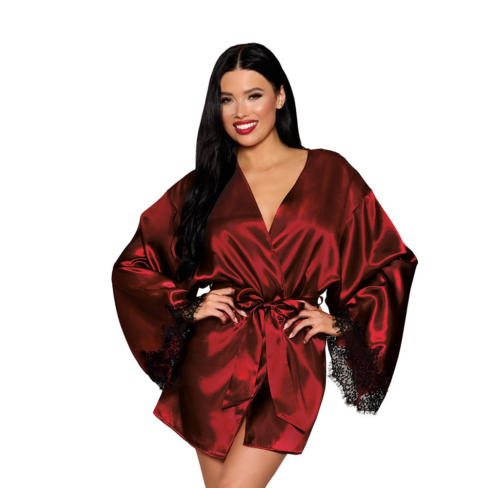 Dreamgirl Open Back Satin Robe with Lace Detail Oxblood S - Not Very Vanilla