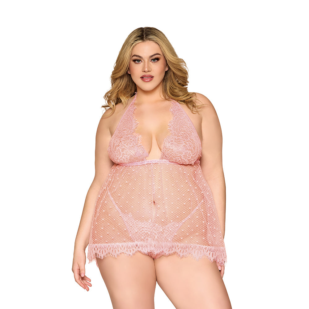 Dreamgirl Lace and Polka Dot Mesh Babydoll and G-String Rose Quartz 1XL - Not Very Vanilla