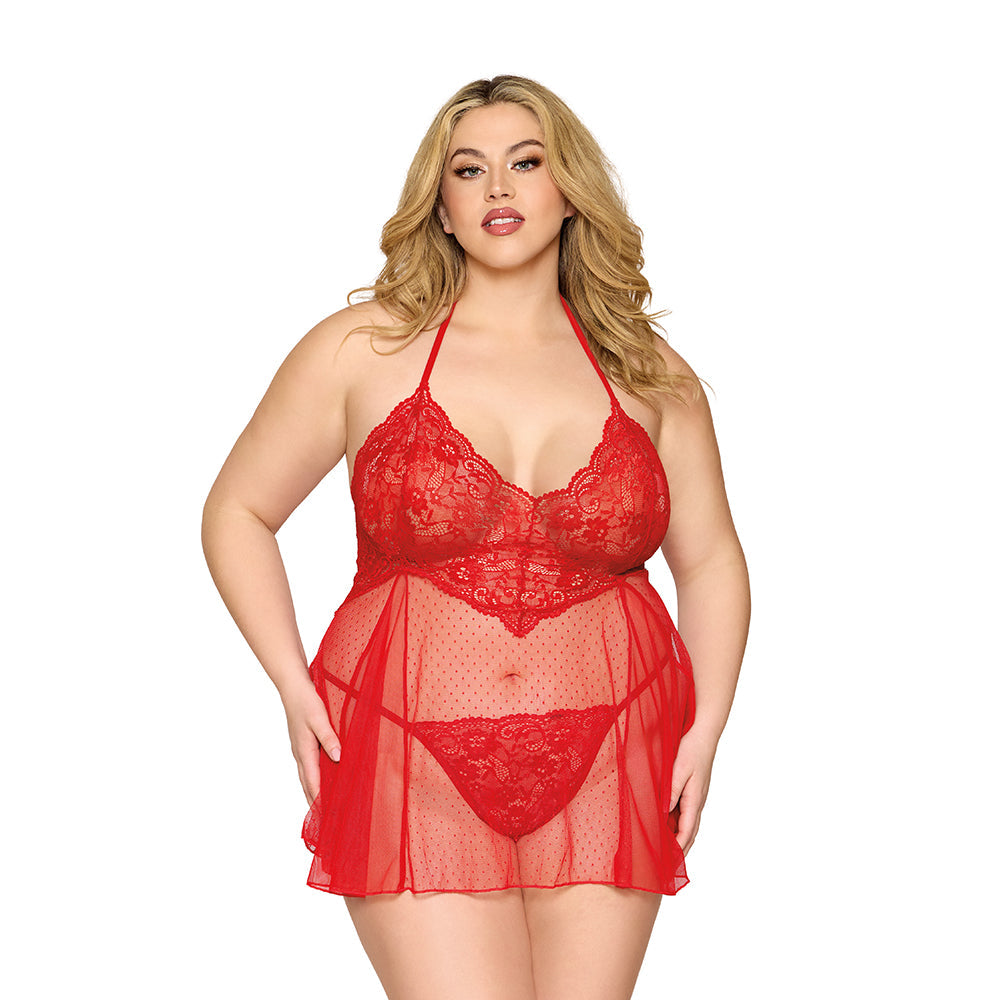 Dreamgirl Lace Babydoll and G-String Red Queen Size - Not Very Vanilla