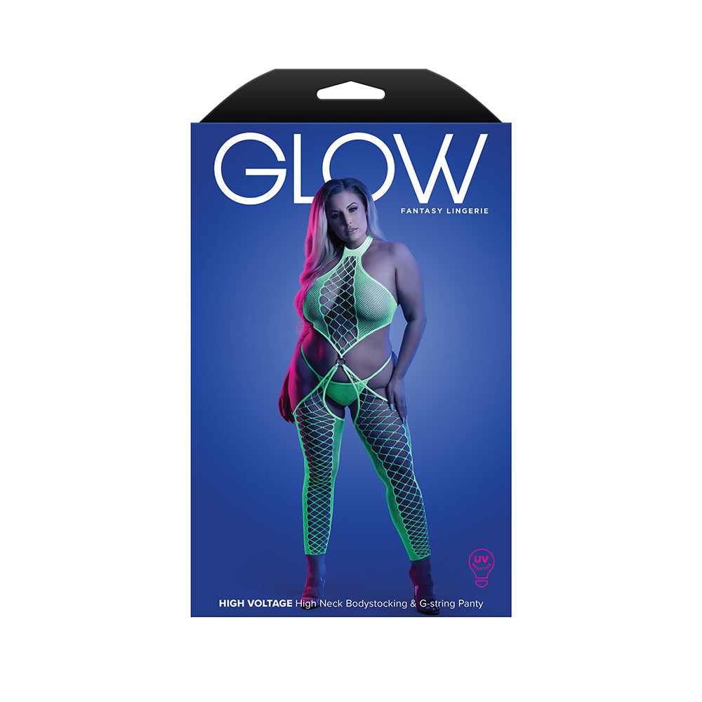 Fantasy Lingerie Glow High Voltage UV Reactive High Neck Bodystocking & G-String Panty Queen Size - Not Very Vanilla