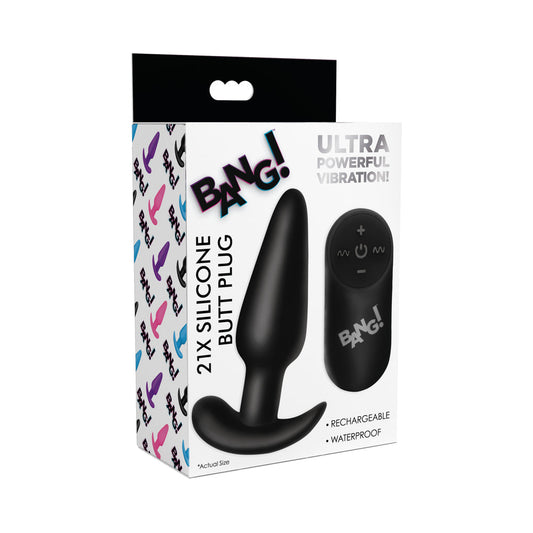 BANG! 21X Vibrating Silicone Butt Plug with Remote Control Black - Not Very Vanilla