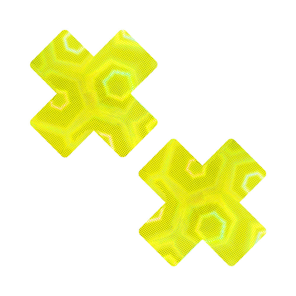 Neva Nude Yellow Nuclear Nightmare Trippy UV 3D Holographic X Nipple Pasties - Not Very Vanilla