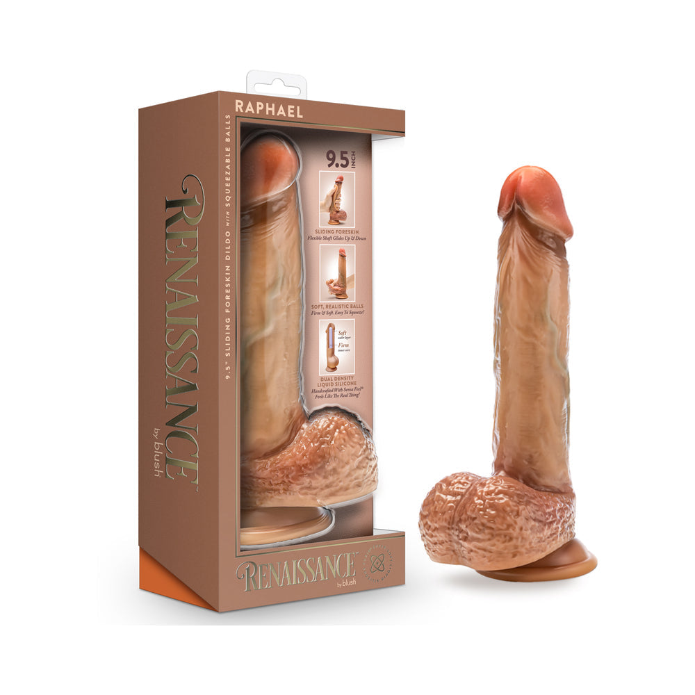 Renaissance Raphael Sliding Foreskin Dildo with Squeezable Balls 9.5 in. Tan - Not Very Vanilla