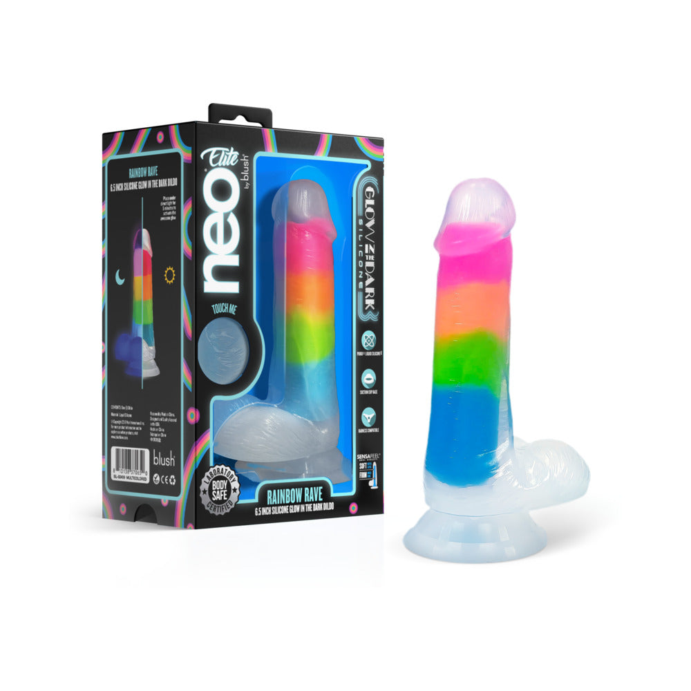 Neo Elite Glow-in-the-Dark Rainbow Rave 6.5 in. Silicone Dual Density Dildo - Not Very Vanilla