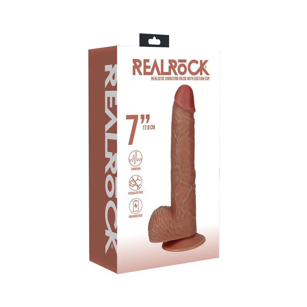 RealRock 7 in. Vibrating Cock with Balls Regular Straight Tan - Not Very Vanilla