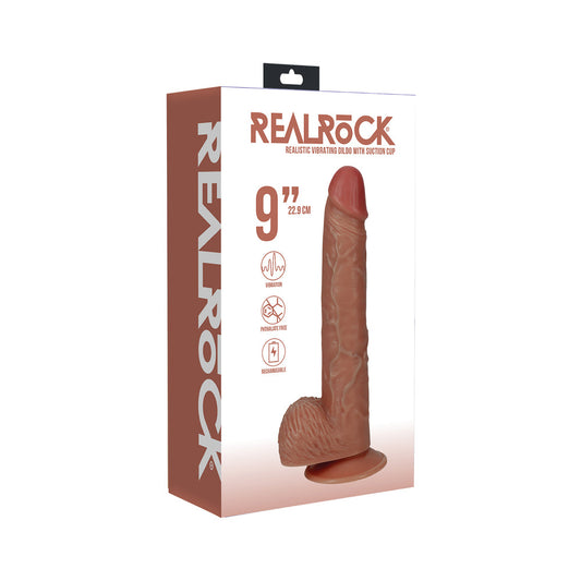 RealRock 9 in. Vibrating Cock with Balls Regular Straight Tan - Not Very Vanilla