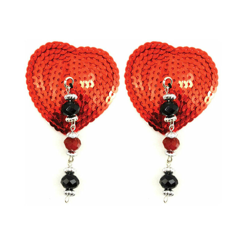 Bijoux de Nip Red Sequin Heart Pasties with Faceted Beads - Not Very Vanilla