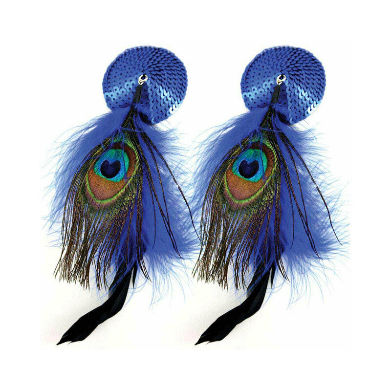 Bijoux de Nip Blue Sequin Round Pasties with Feathers - Not Very Vanilla