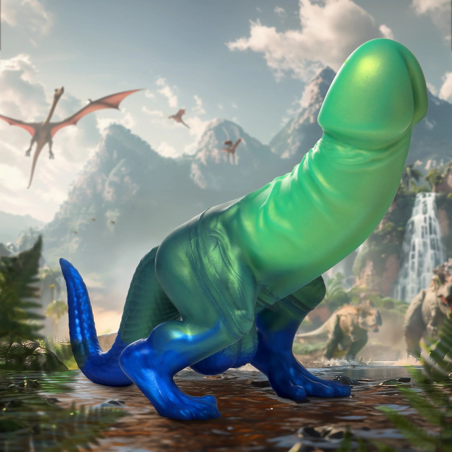 Jurassic Cock Dinosaur Silicone Dildo - Green/blue - Not Very Vanilla